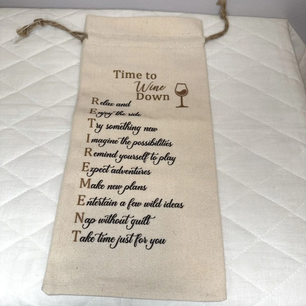 Wine Gift Bag Canvas With Drawstring “Time To Wine Down” 13.5”x 6.5”
